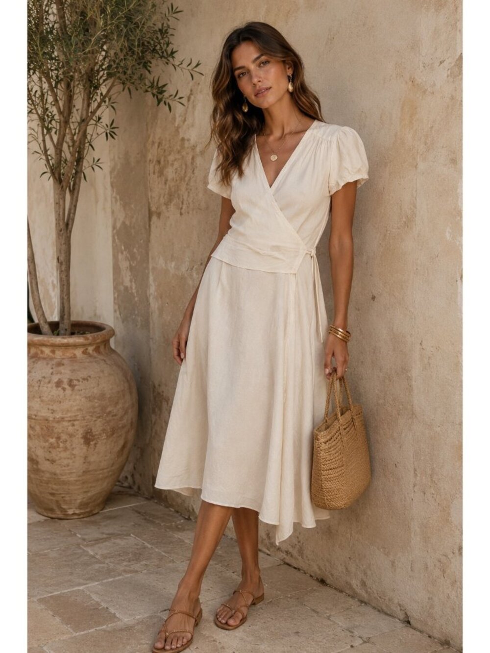 Calypso Christiane Celle Silk Wrap Dress S Ivory Cream Puff Sleeve Tie Waist